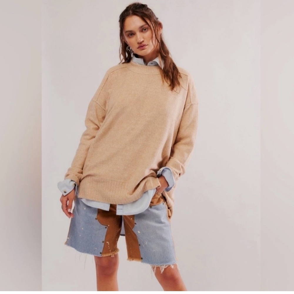 Free People Phoebe Pullover Tunic Sweater Slouchy Oversized Women’s Large Beige - Picture 1 of 5